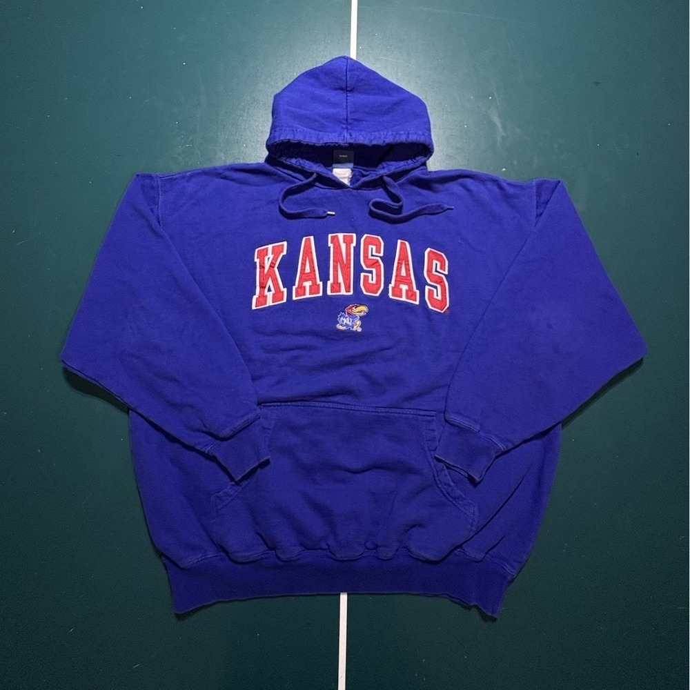 Vintage Kansas Jayhawks Hoodie Sweatshirt Men's XL Blue Embroidered Heavy 90s